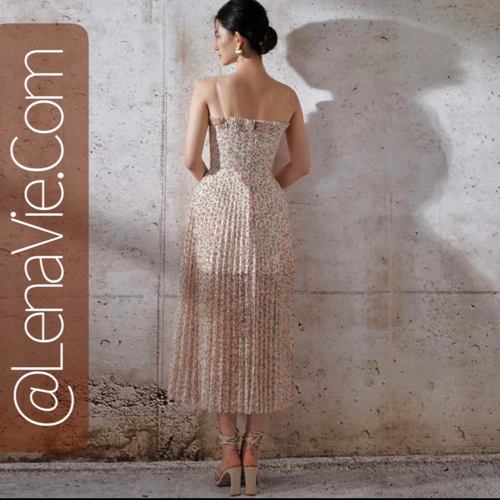 Peteiolè Dusk Runway Midi Dress With Faux Tie Empire Waist + Spaghetti Straps - Picture 5 of 12